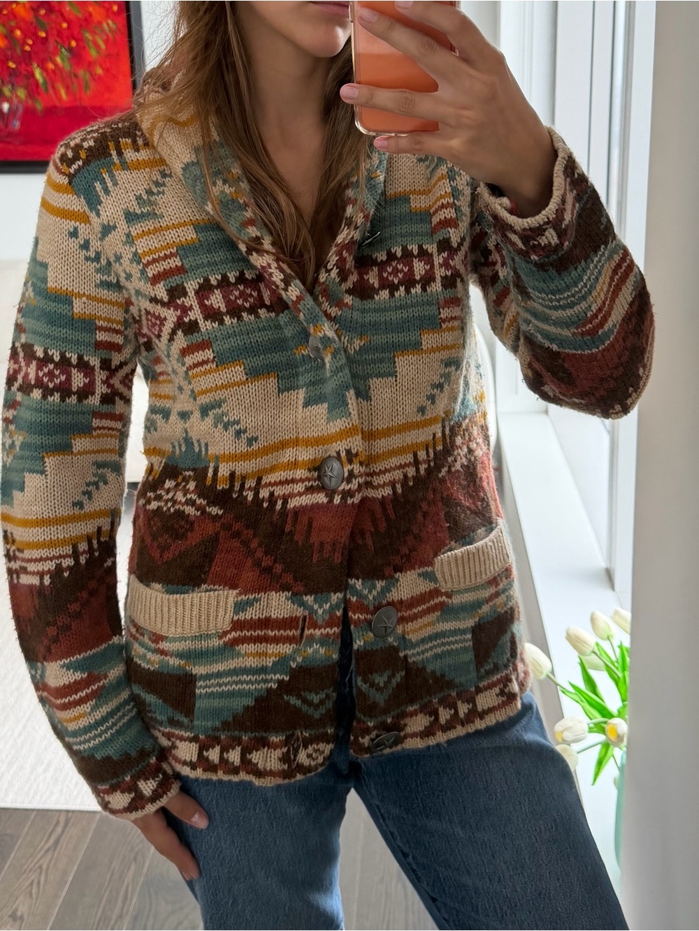 291295 Japanese Brand Southwestern Shawl Collar Knit Cardigan Jacket | Size 2